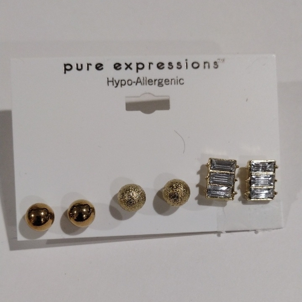 Expressions Set of 3 Gold tone Crystal Hypo-Allergenic Women's Stud Earrings